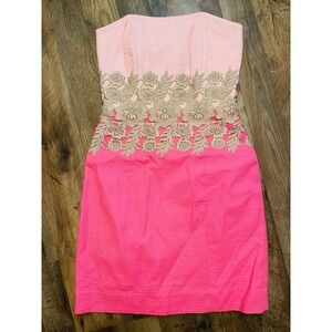 Lilly Pulitzer Kade strapless dress in Pink Tropics with gold embroidery 00